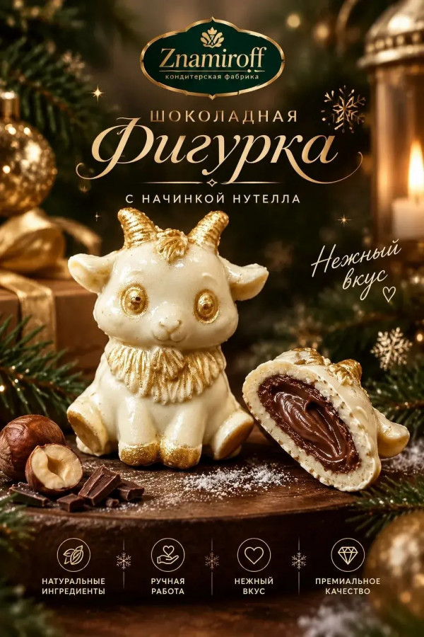 №1 Шоколад фигурный "Мультяшный козлик" белый шоколад с начинкой нутелла(блок 5шт по 70г) в Перми