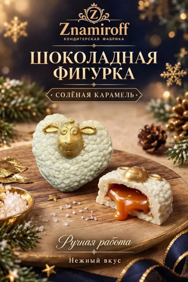 №1 Шоколад фигурный "Овечка-сердечко" белый шоколад с начинкой солёная карамель(блок 5шт по 70г) в Перми